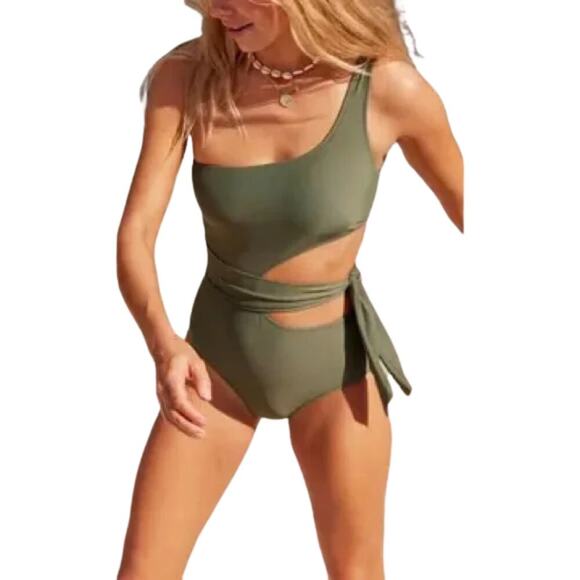 Aerie One Shoulder Tie Waist One Piece Swimsuit Olive Green Size Medium Long NEW - Picture 3 of 7